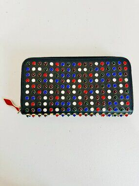 CHRISTIAN LOUBOUTIN PARIS MULTICOLOR STUDDED LEATHER  ZIP-AROUND LONG WALLET